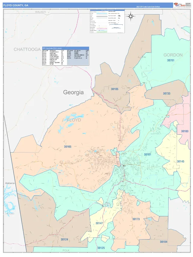Floyd County, GA ZIP Code Wall Map, ColorCast style