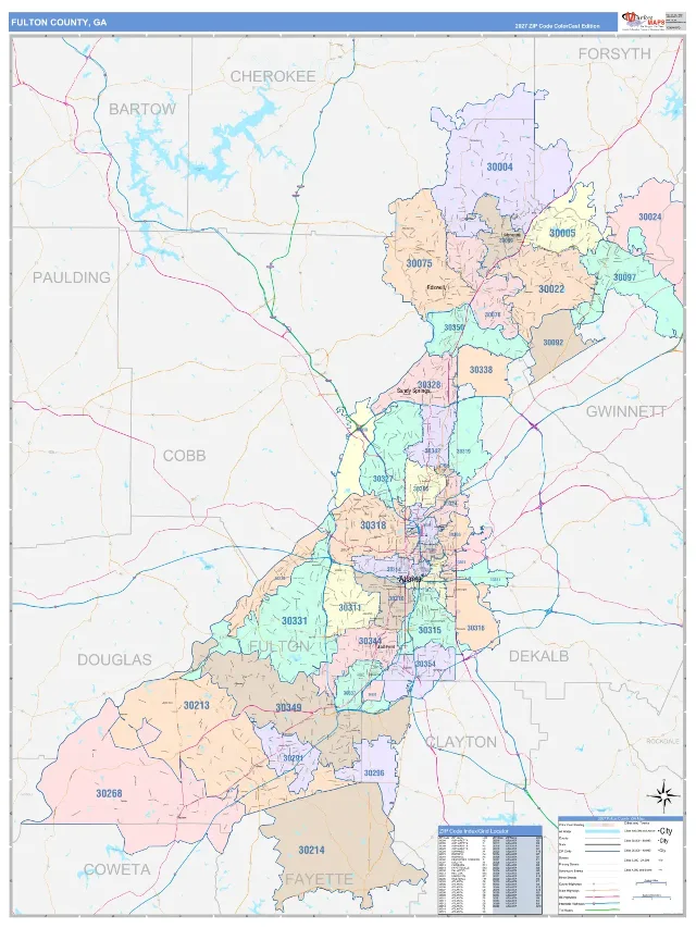 Fulton County, GA ZIP Code Wall Map, ColorCast style