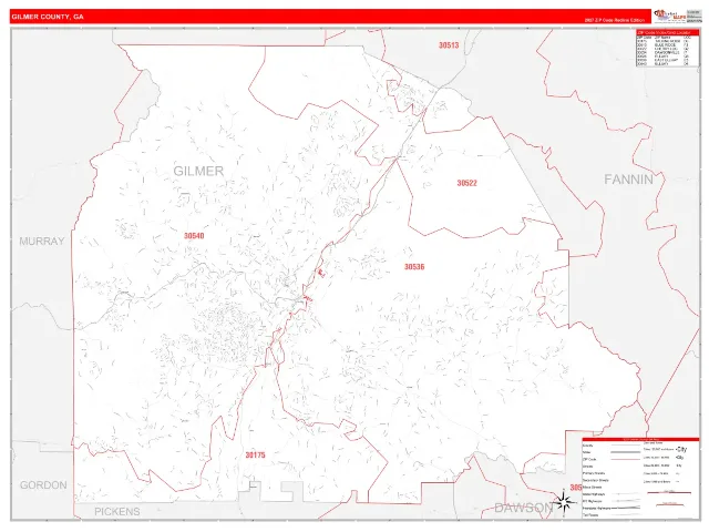 Gilmer County, GA ZIP Code Wall Map, RedLine style