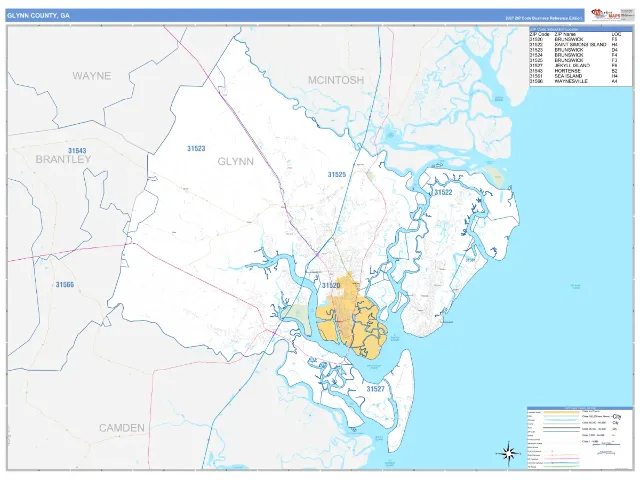 Glynn County, GA ZIP Code Wall Map, Business Reference style