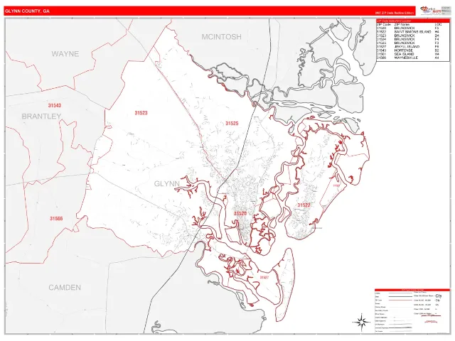 Glynn County, GA ZIP Code Wall Map, RedLine style