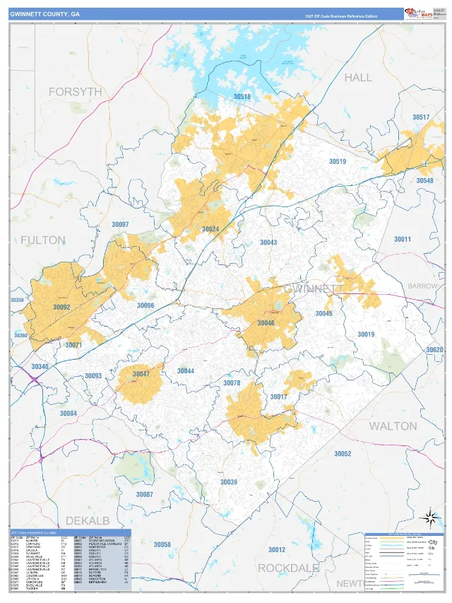 Gwinnett County, GA ZIP Code Wall Map, Business Reference style
