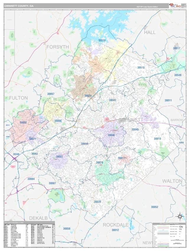 Gwinnett County, GA ZIP Code Wall Map, Classic style