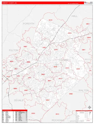 Gwinnett County, GA RedLine style ZIP Code wall map