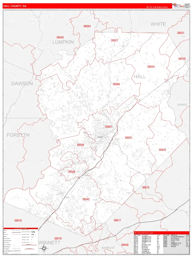Hall County, GA ZIP Code Wall Map, RedLine style