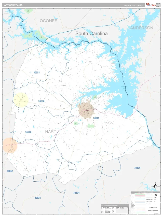 Hart County, GA ZIP Code Wall Map, Classic style