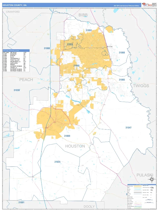 Houston County, GA ZIP Code Wall Map, Business Reference style