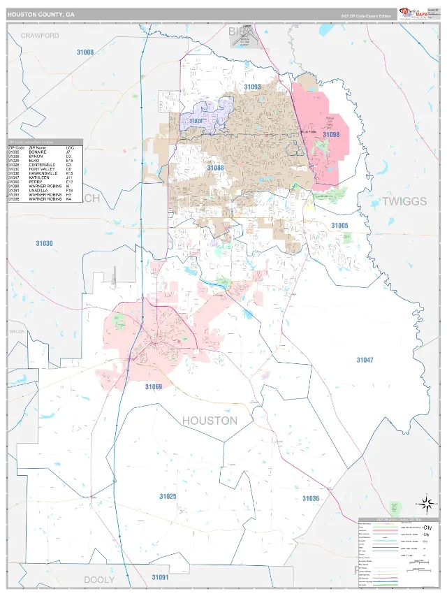 Houston County, GA ZIP Code Wall Map, Classic style