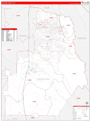 Houston County, GA RedLine style ZIP Code wall map