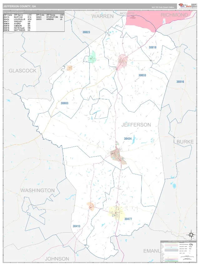 Jefferson County, GA ZIP Code Wall Map, Classic style