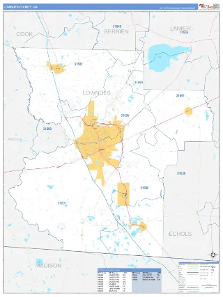 Lowndes County, GA Business Reference style ZIP Code wall map