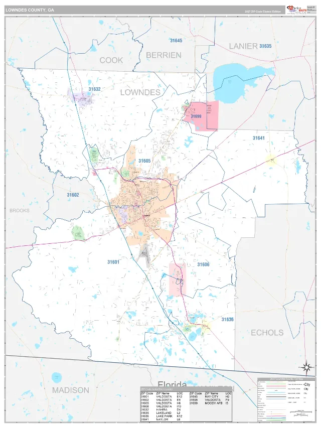 Lowndes County, GA ZIP Code Wall Map, Classic style