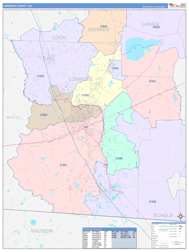 Lowndes County, GA ZIP Code Wall Map, ColorCast style