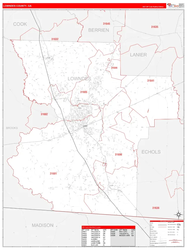 Lowndes County, GA ZIP Code Wall Map, RedLine style