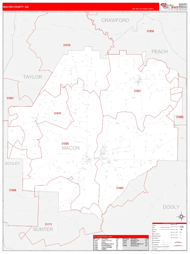 Macon County, GA ZIP Code Wall Map, RedLine style