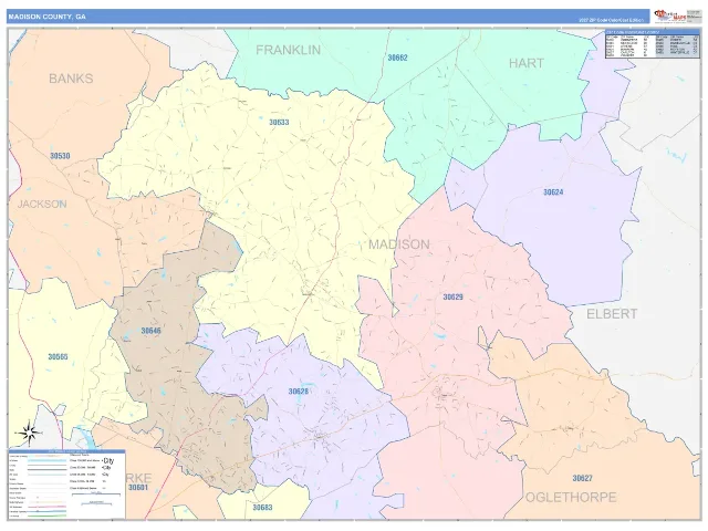 Madison County, GA ZIP Code Wall Map, ColorCast style