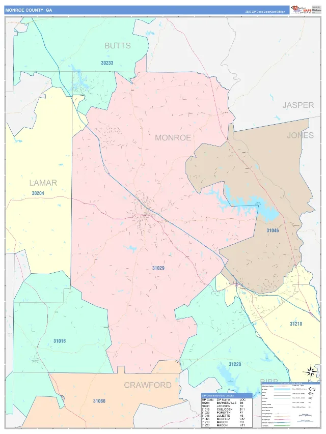 Monroe County, GA ZIP Code Wall Map, ColorCast style