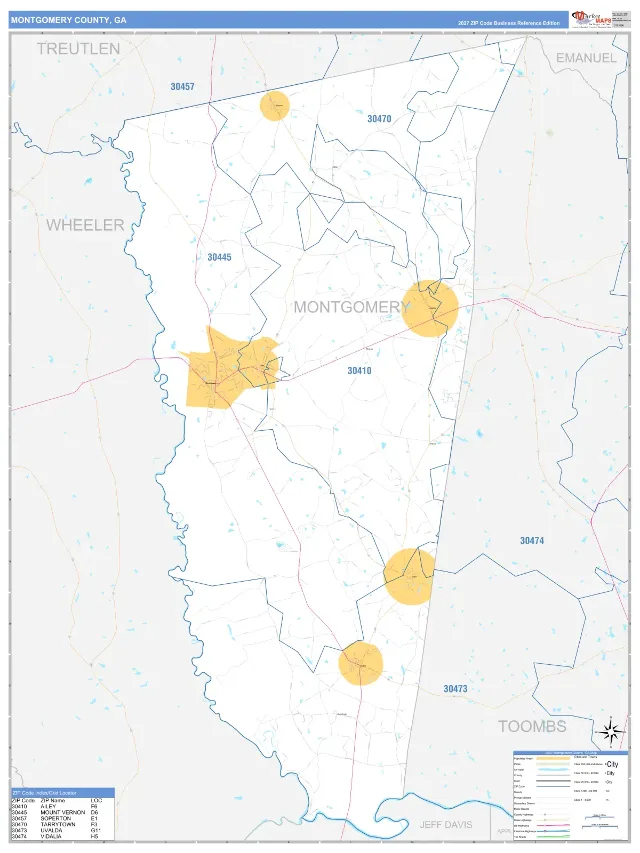 Montgomery County, GA ZIP Code Wall Map, Business Reference style