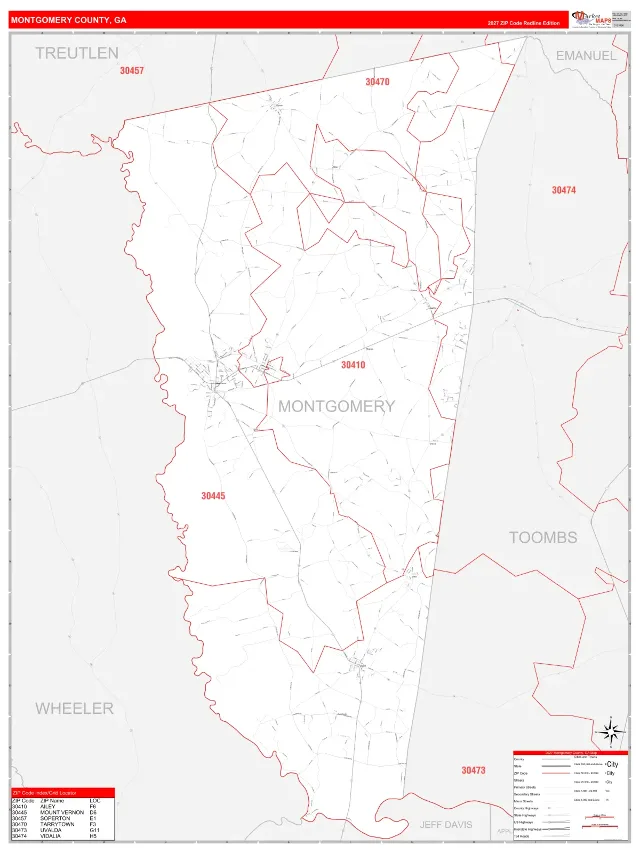 Montgomery County, GA ZIP Code Wall Map, RedLine style