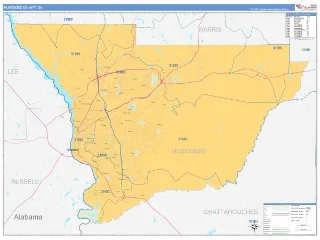 Muscogee County, GA Business Reference style ZIP Code wall map