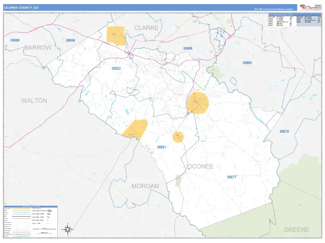 Oconee County, GA ZIP Code Wall Map, Business Reference style