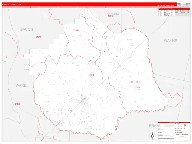 Pierce County, GA ZIP Code Wall Map, RedLine style
