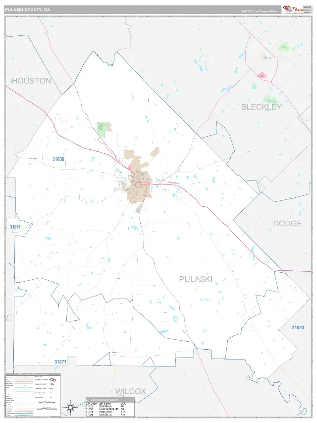 Pulaski County, GA ZIP Code Wall Map, Classic style