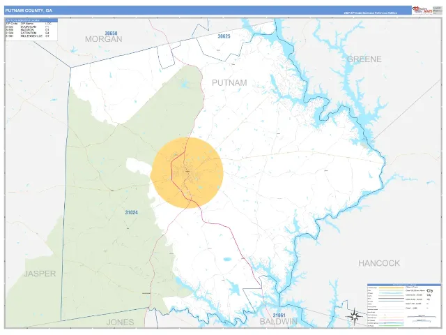 Putnam County, GA ZIP Code Wall Map, Business Reference style