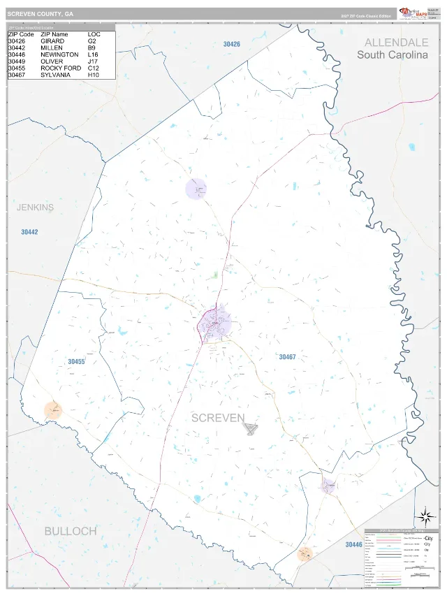 Screven County, GA ZIP Code Wall Map, Classic style