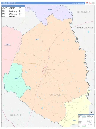 Screven County, GA ColorCast style ZIP Code wall map