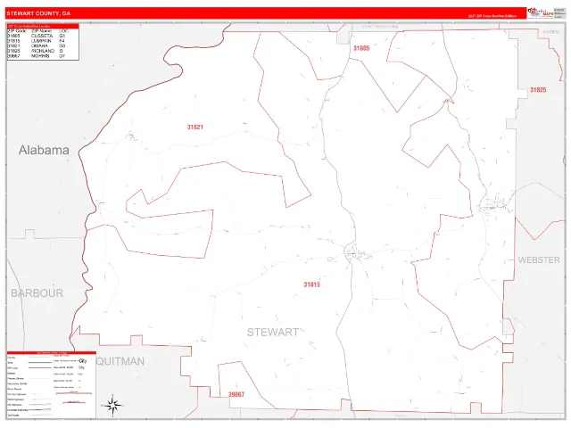 Stewart County, GA ZIP Code Wall Map, RedLine style