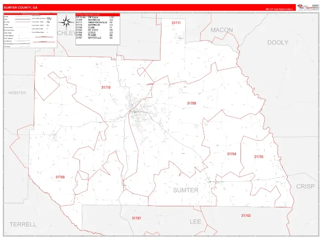 Sumter County, GA ZIP Code Wall Map, RedLine style