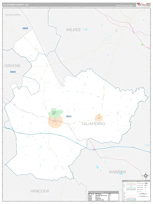 Taliaferro County, GA ZIP Code Wall Map, Classic style