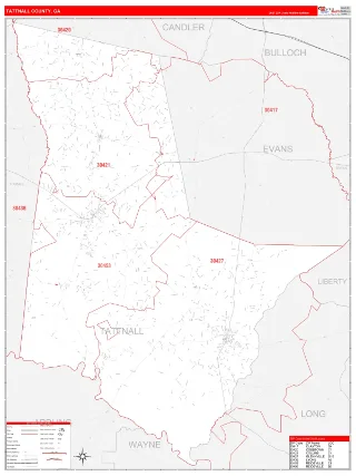 Tattnall County, GA RedLine style ZIP Code wall map