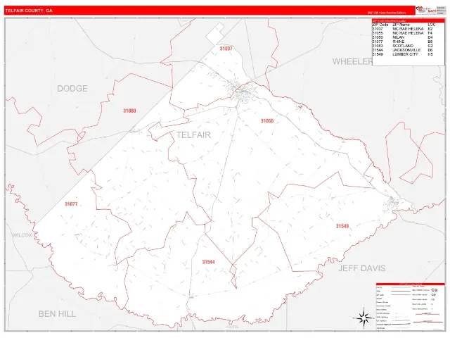 Telfair County, GA ZIP Code Wall Map, RedLine style