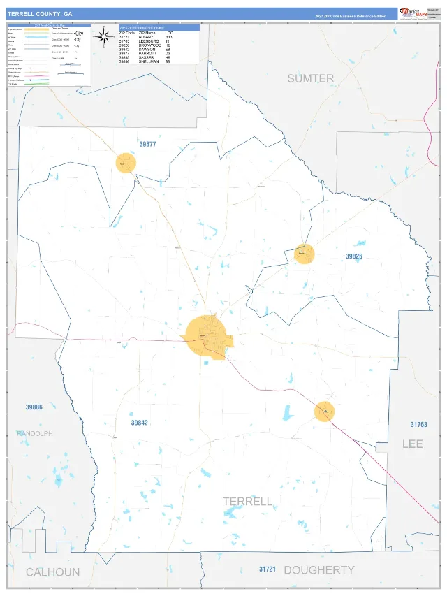 Terrell County, GA ZIP Code Wall Map, Business Reference style