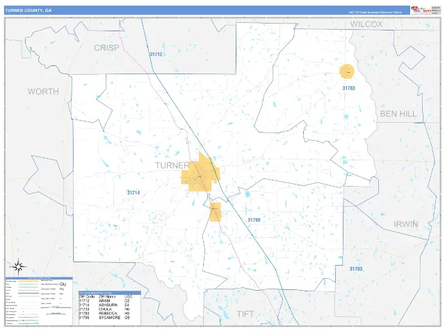 Turner County, GA ZIP Code Wall Map, Business Reference style