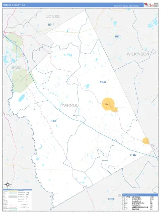 Twiggs County, GA Business Reference style ZIP Code wall map