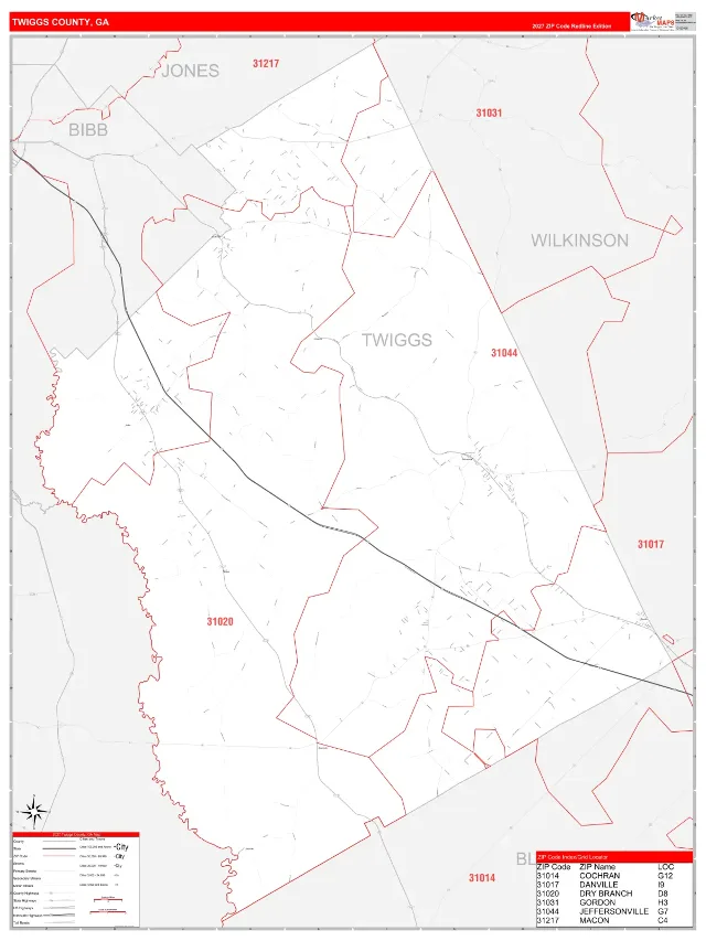 Twiggs County, GA ZIP Code Wall Map, RedLine style