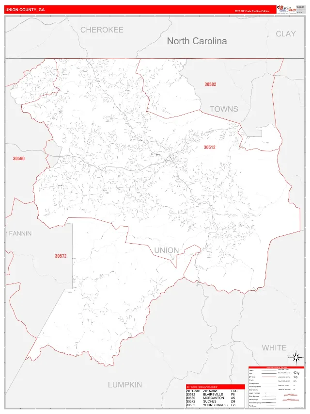 Union County, GA ZIP Code Wall Map, RedLine style