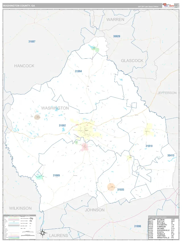 Washington County, GA ZIP Code Wall Map, Classic style