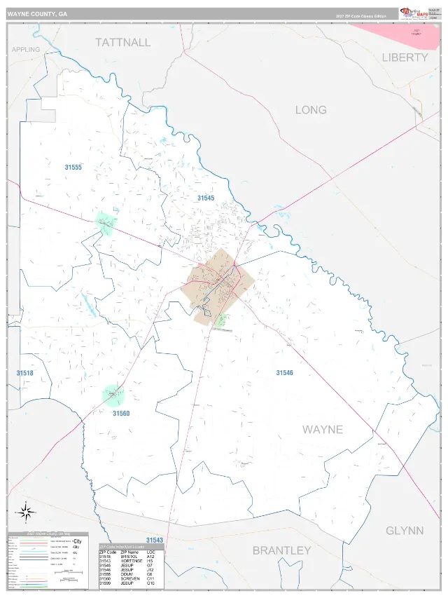 Wayne County, GA ZIP Code Wall Map, Classic style