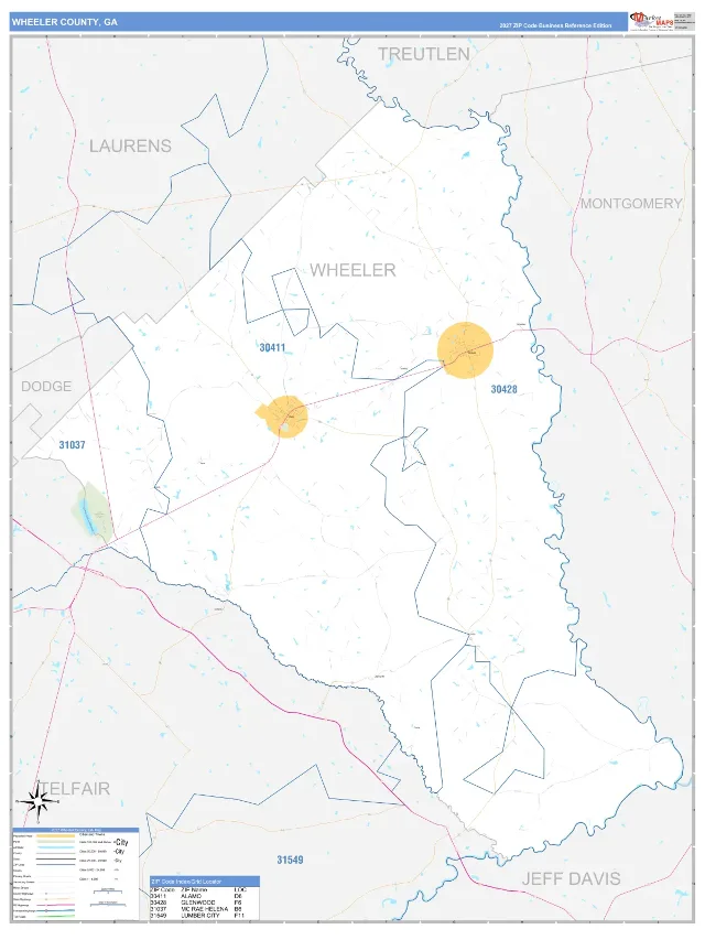 Wheeler County, GA ZIP Code Wall Map, Business Reference style