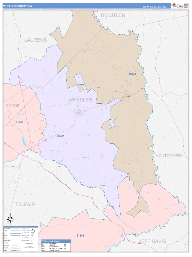 Wheeler County, GA ZIP Code Wall Map, ColorCast style
