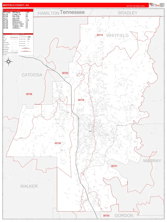 Whitfield County, GA ZIP Code Wall Map, RedLine style