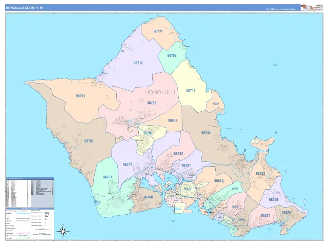 Honolulu County, HI ZIP Code Wall Map, ColorCast style