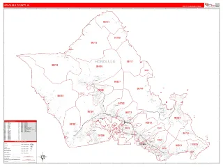 Honolulu County, HI RedLine style ZIP Code wall map