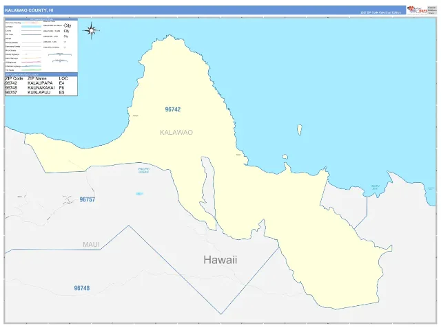 Kalawao County, HI ZIP Code Wall Map, ColorCast style