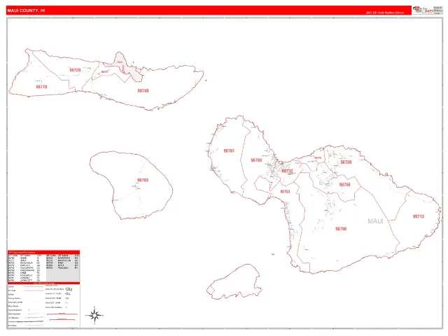 Maui County, HI ZIP Code Wall Map, RedLine style