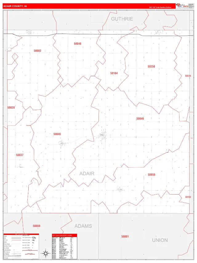 Adair County, IA ZIP Code Wall Map, RedLine style